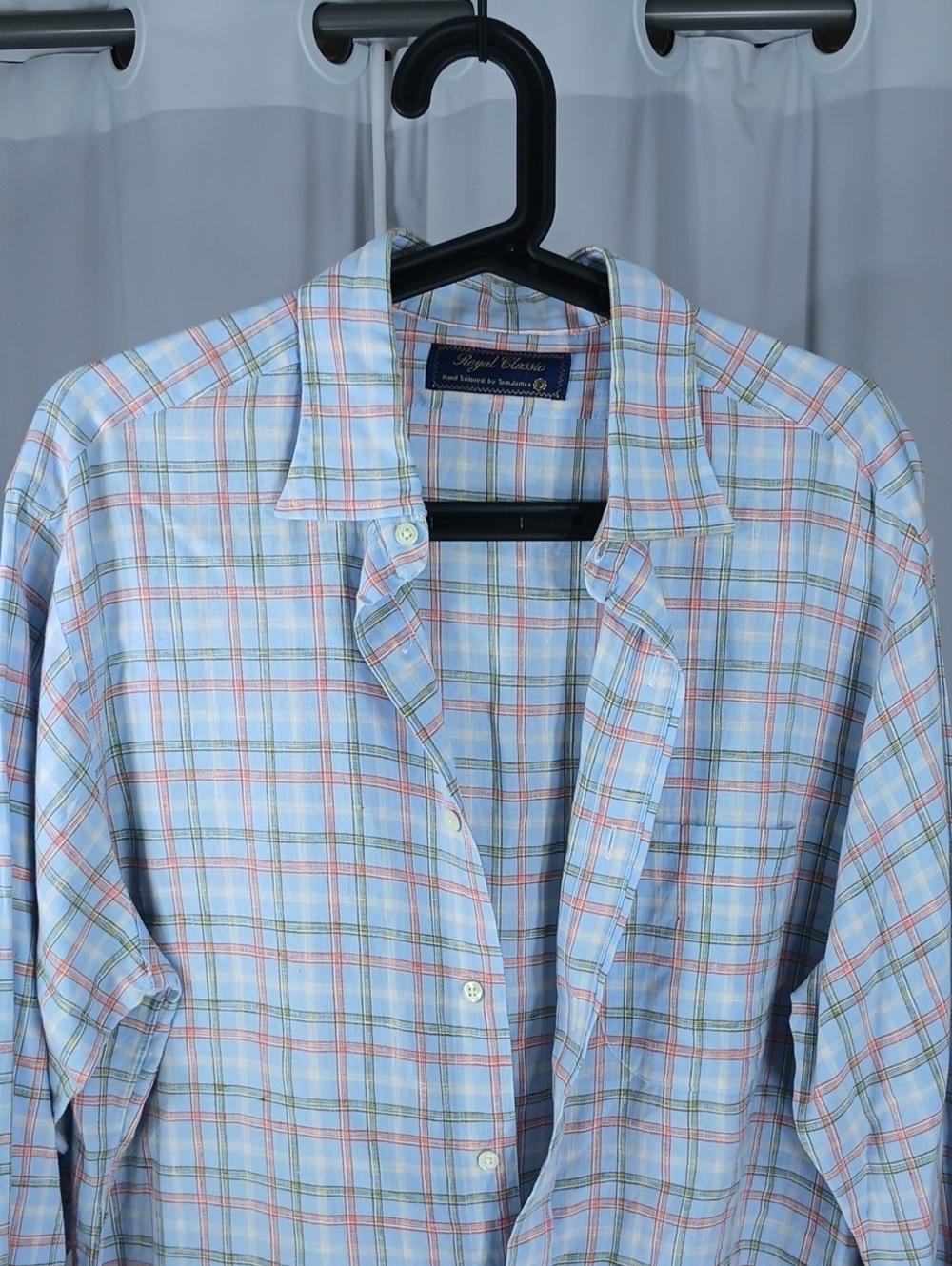 Tom James Classic Light Blue and coral Plaid linen Button-Down Shirt
